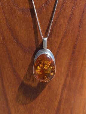 Vintage Sterling Silver Amber Pendant  Necklace - Honey Amber